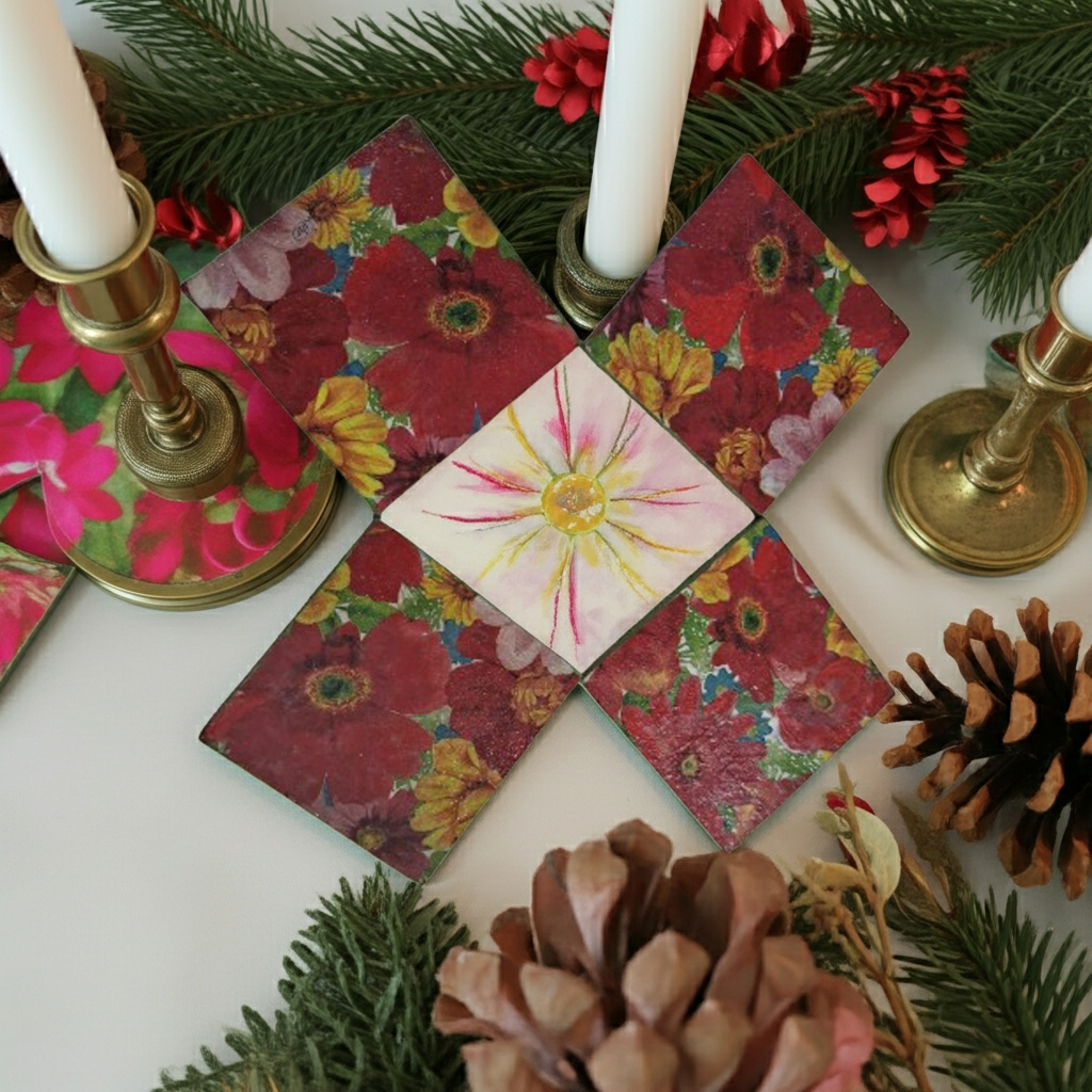 Trendy red floral Coaster set -4 perfect for tea/coffee and kitchen use - Image 3