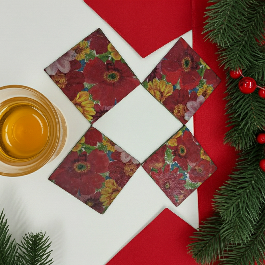 Trendy red floral Coaster set -4 perfect for tea/coffee and kitchen use - Image 4
