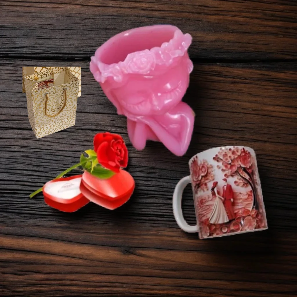Romantic Gift Combo – Showpiece, Mug, Flower, Ring Box- FREE PAPER PARTY BAG - Image 2