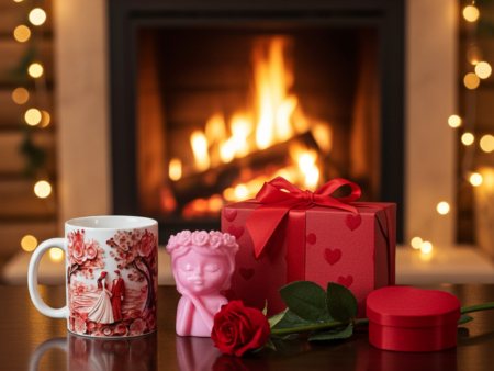 Romantic Gift Combo – Showpiece, Mug, Flower, Ring Box- FREE PAPER PARTY BAG