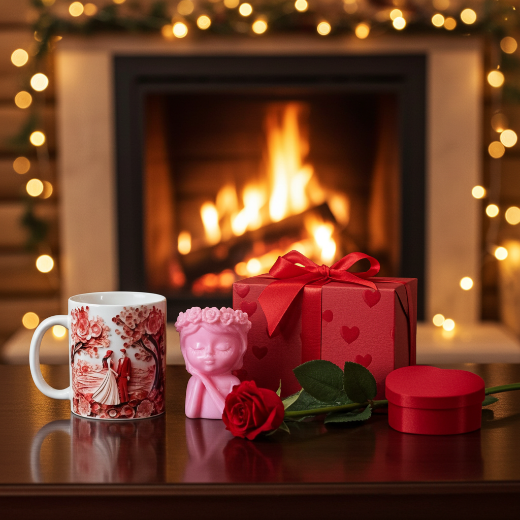 Romantic Gift Combo – Showpiece, Mug, Flower, Ring Box- FREE PAPER PARTY BAG