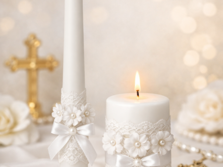 White candles with lace and satin floral decoration-Taper & Pillar