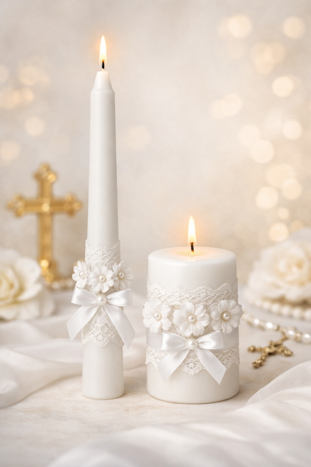 White candles with lace and satin floral decoration-Taper & Pillar